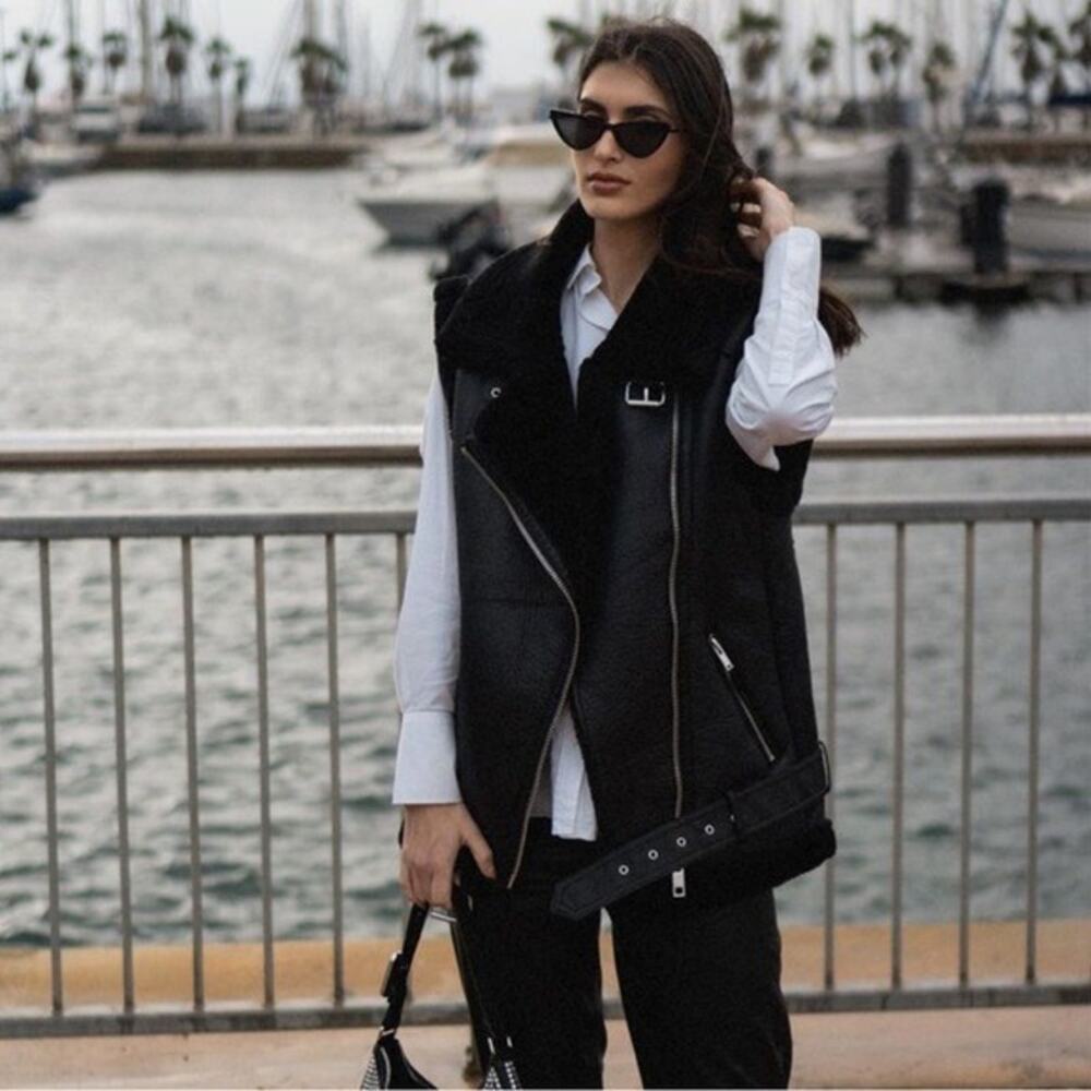 ZARA Black Gilet Faux Shearling Moto Belted Vest Blogger Favorite